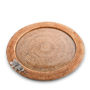 Vagabond House Tropical Tales Orchid Round Serving Tray Hand Woven Wicker Rattan - Glass Insert