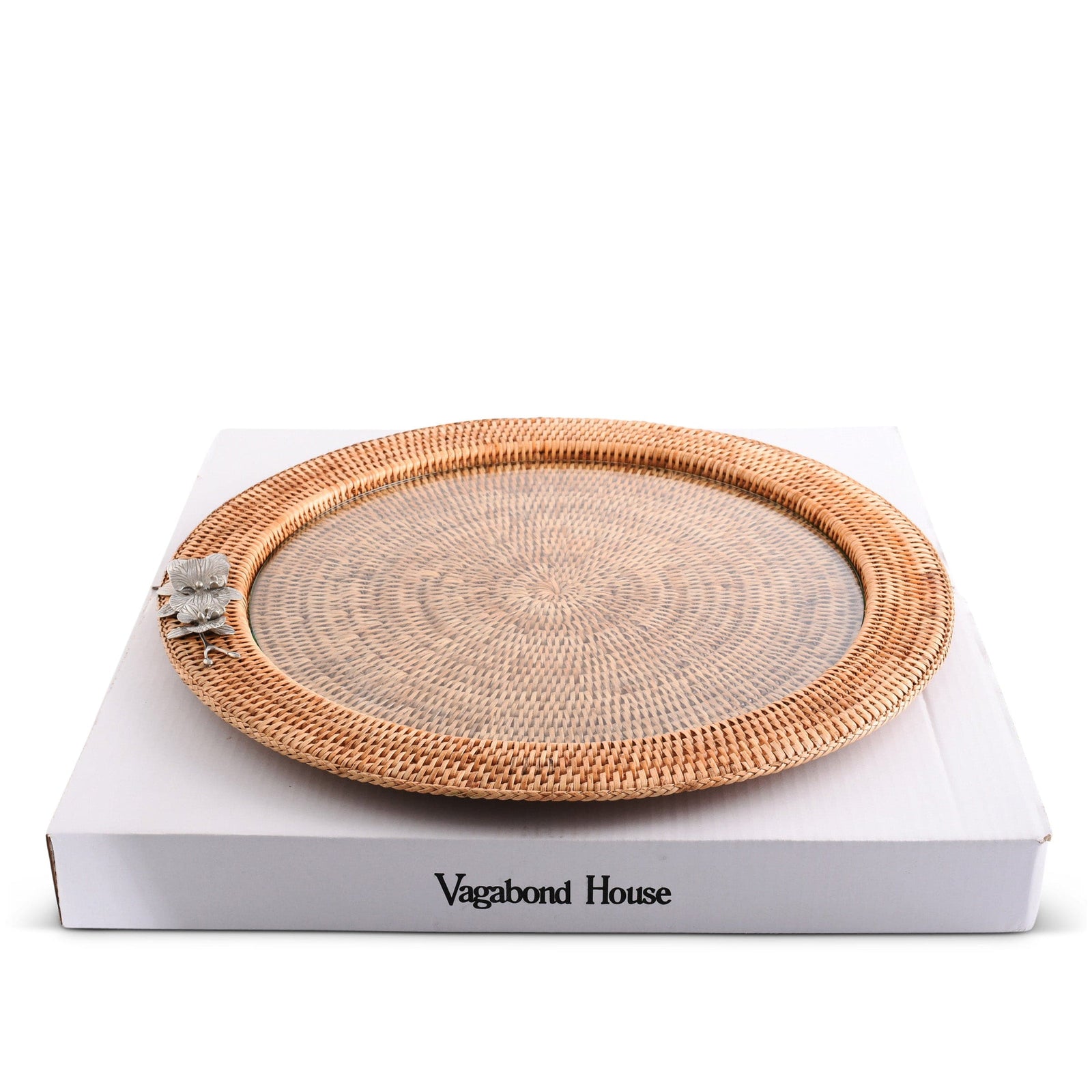 Vagabond House Tropical Tales Orchid Round Serving Tray Hand Woven Wicker Rattan - Glass Insert