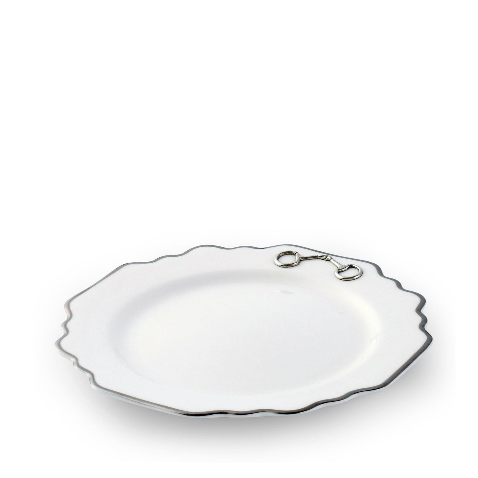 Vagabond House Equestrian Pewter Bit Bone China Scallop Salad / Dessert Plate Platinum Rim