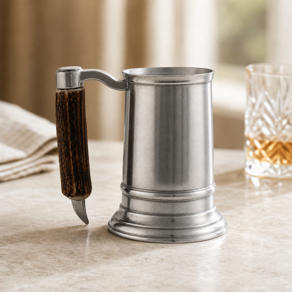 Straight English Pewter Mug Composite Antler Handle 1