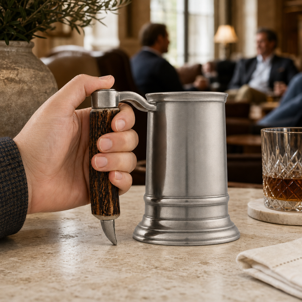 Straight English Pewter Mug Composite Antler Handle 7