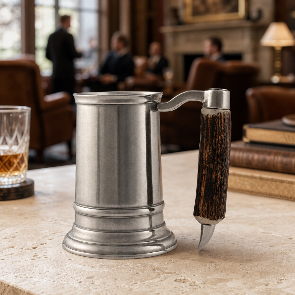 Straight English Pewter Mug Composite Antler Handle 8