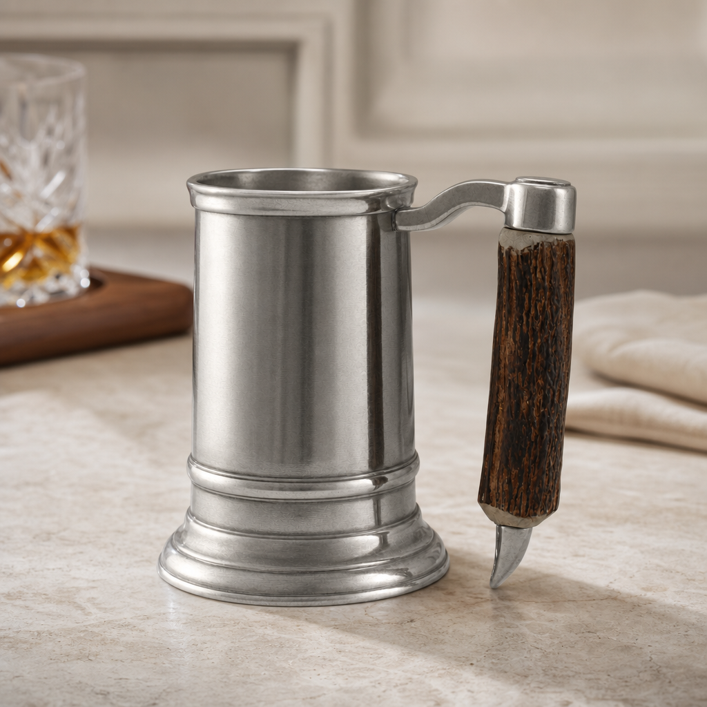 Straight English Pewter Mug Composite Antler Handle 4