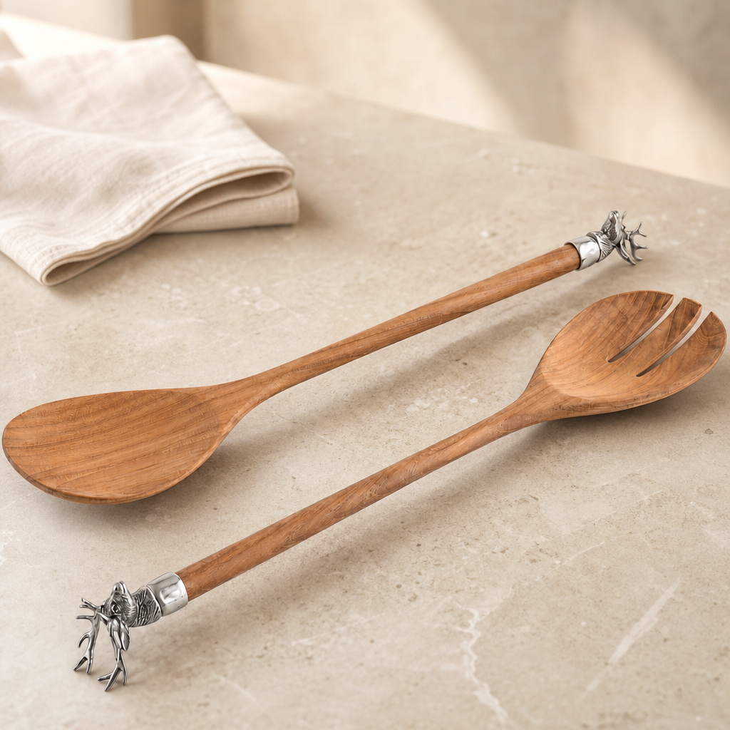 Elk Head Wood Salad Servers 1