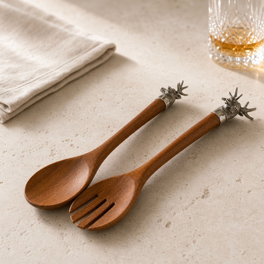Elk Head Wood Salad Servers 3