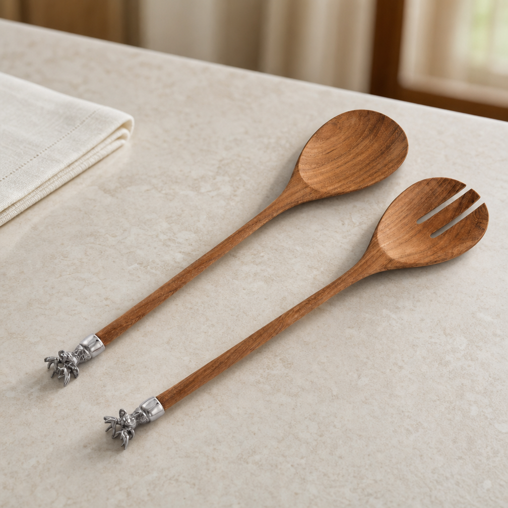 Elk Head Wood Salad Servers 4
