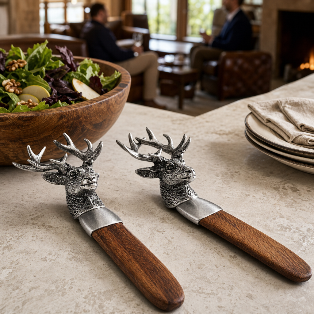 Elk Head Wood Salad Servers 9