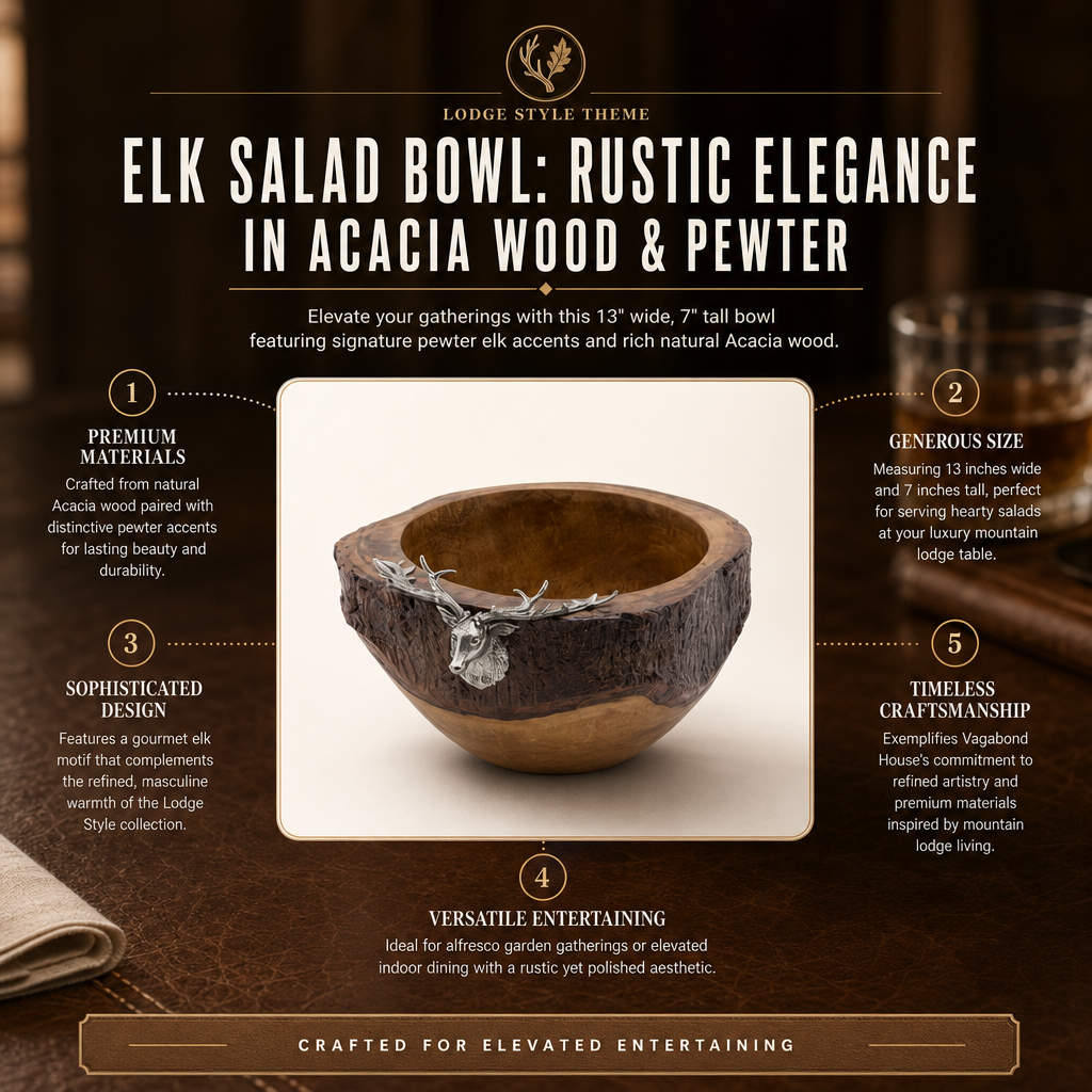 Elk Salad Bowl: Rustic Elegance in Acacia Wood & Pewter