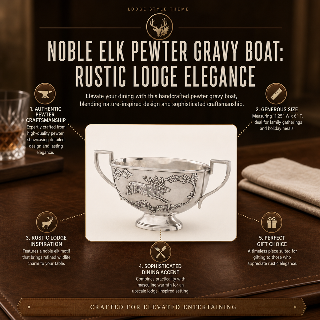 Noble Elk Pewter Gravy Boat: Rustic Lodge Elegance