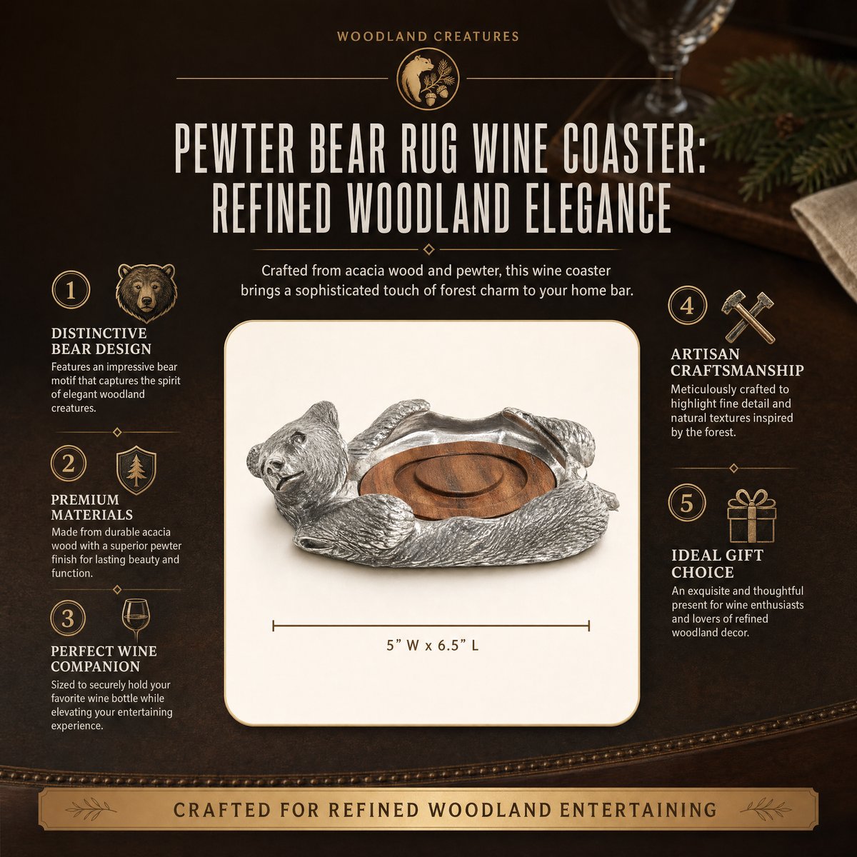 Pewter Bear Rug Wine Coaster 12
