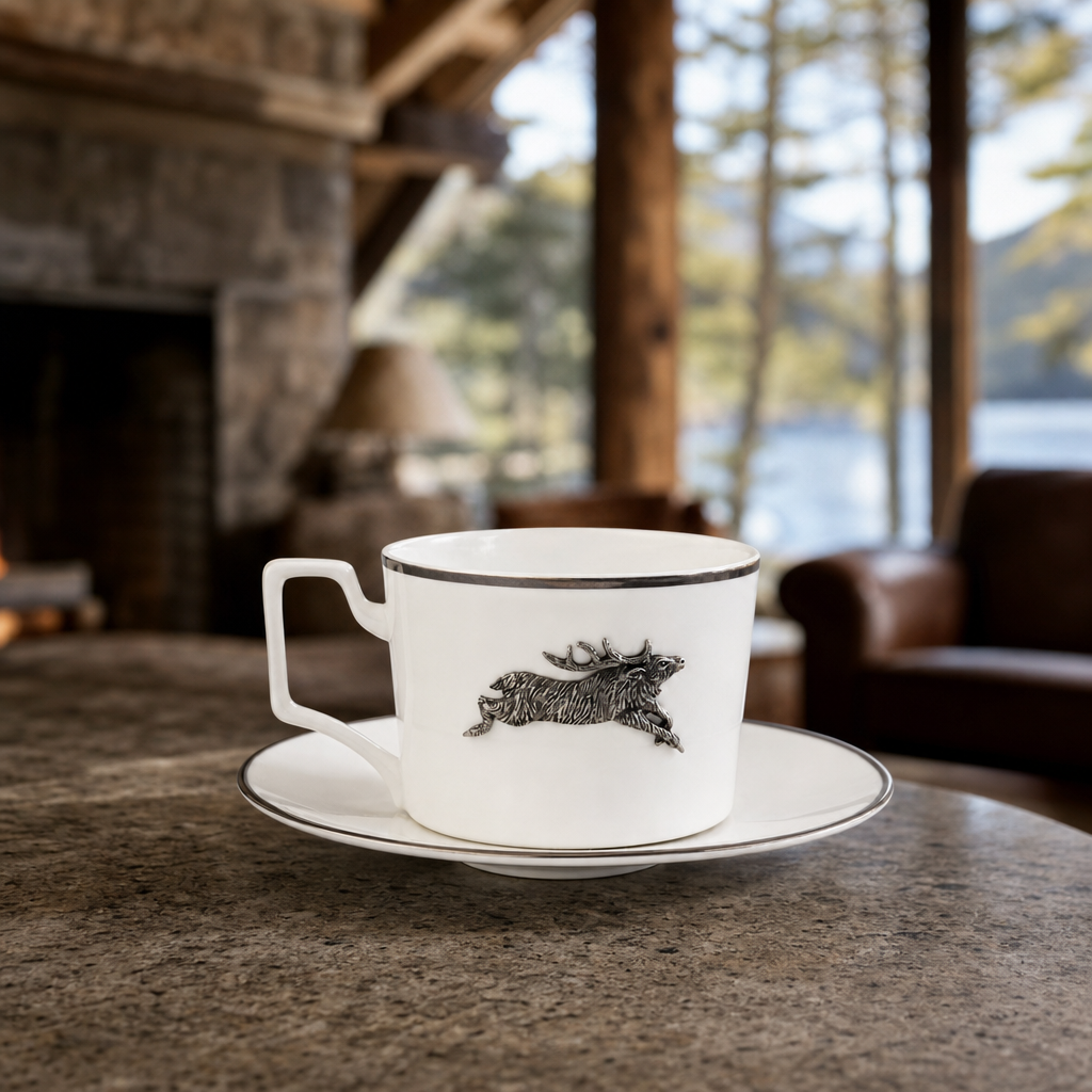 Running Elk Cup and Saucer Bone China Platinum Rim 1