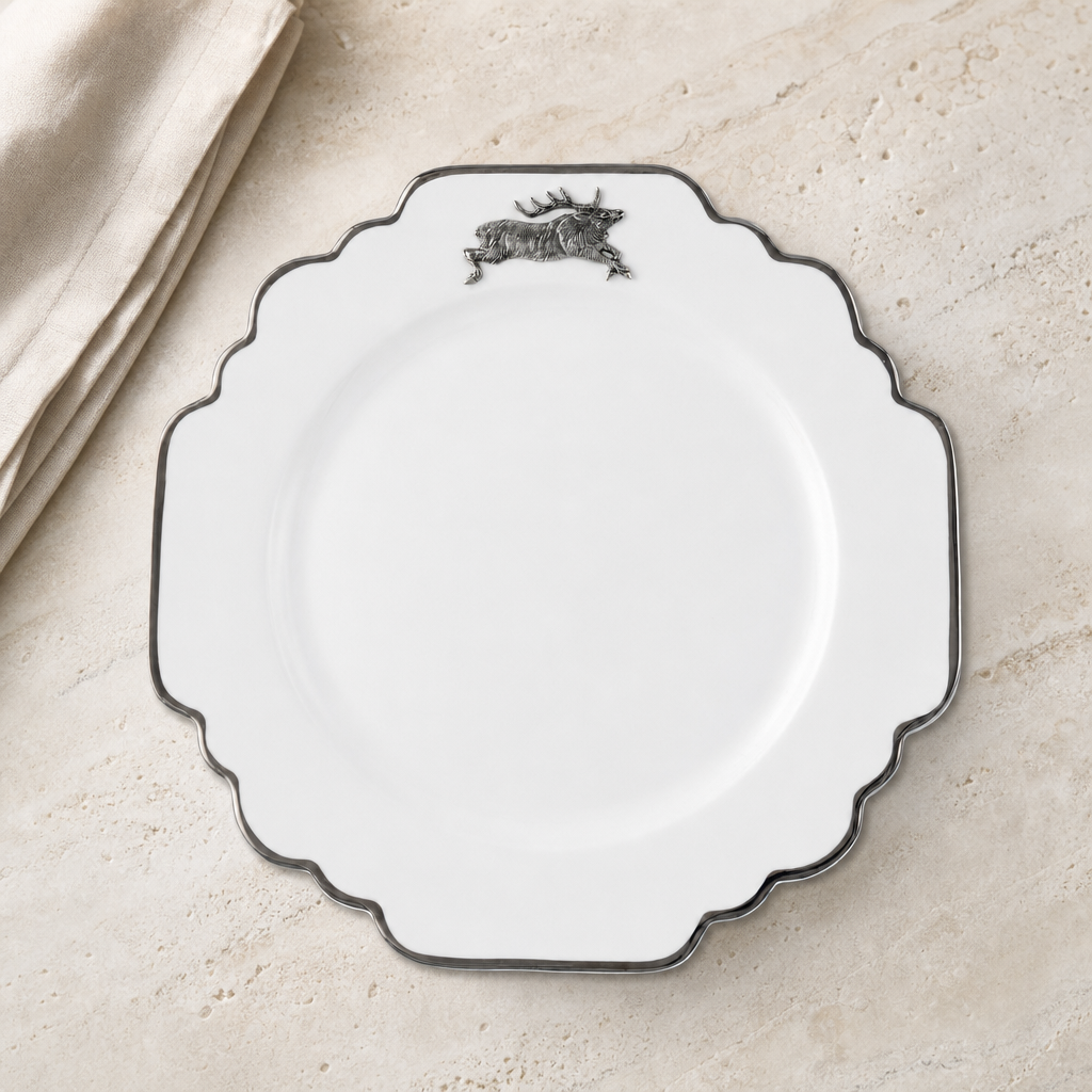 Running Elk Bone China Scallop Dinner Plate Platinum Rim 1