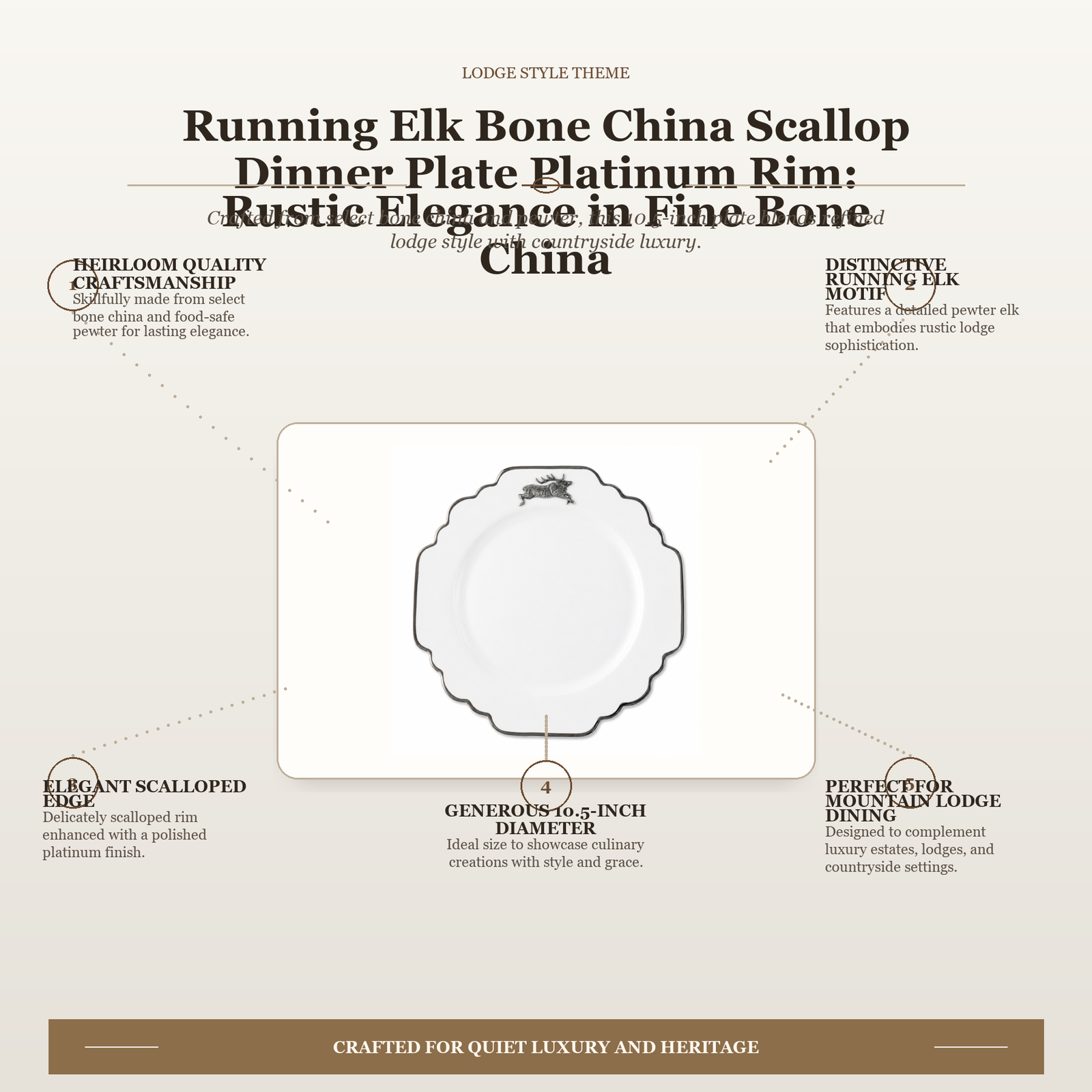 Running Elk Bone China Scallop Dinner Plate Platinum Rim: Rustic Elegance in Fine Bone China