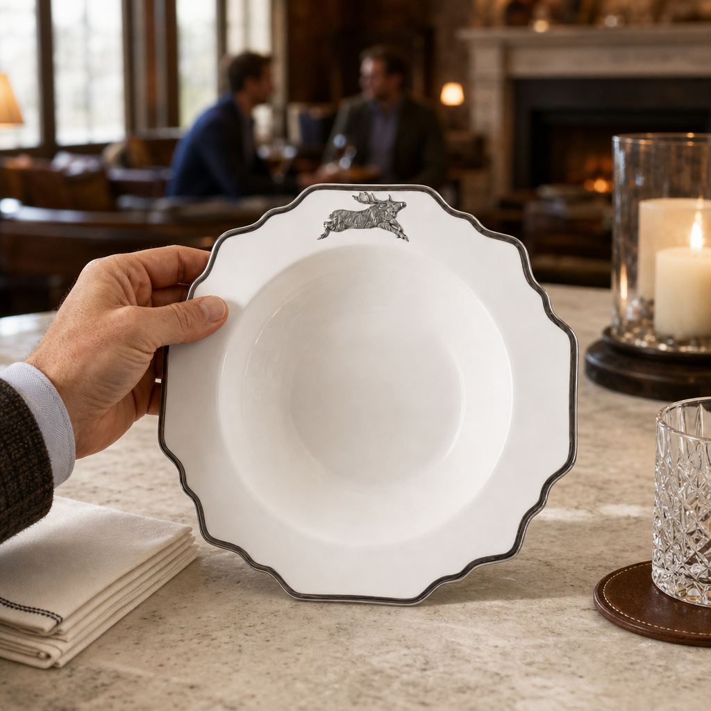 Running Elk Bone China Scallop Soup Plate Platinum Rim 3
