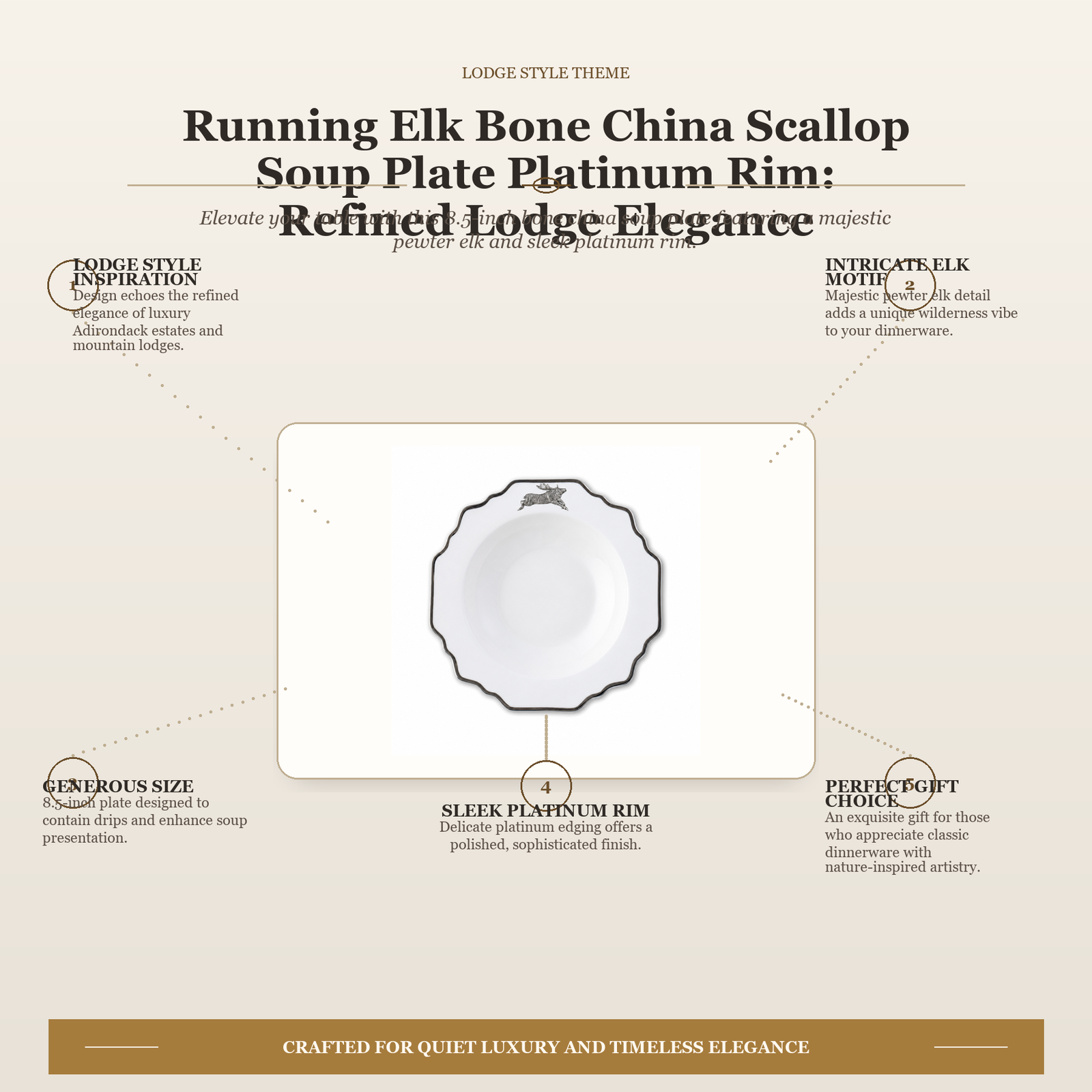Running Elk Bone China Scallop Soup Plate Platinum Rim: Refined Lodge Elegance
