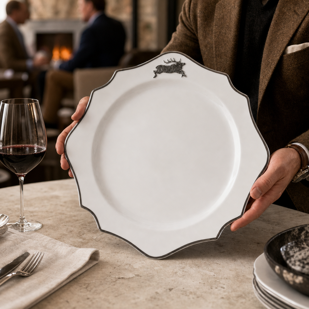 Running Elk Bone China Scallop Charger Platinum Rim 1