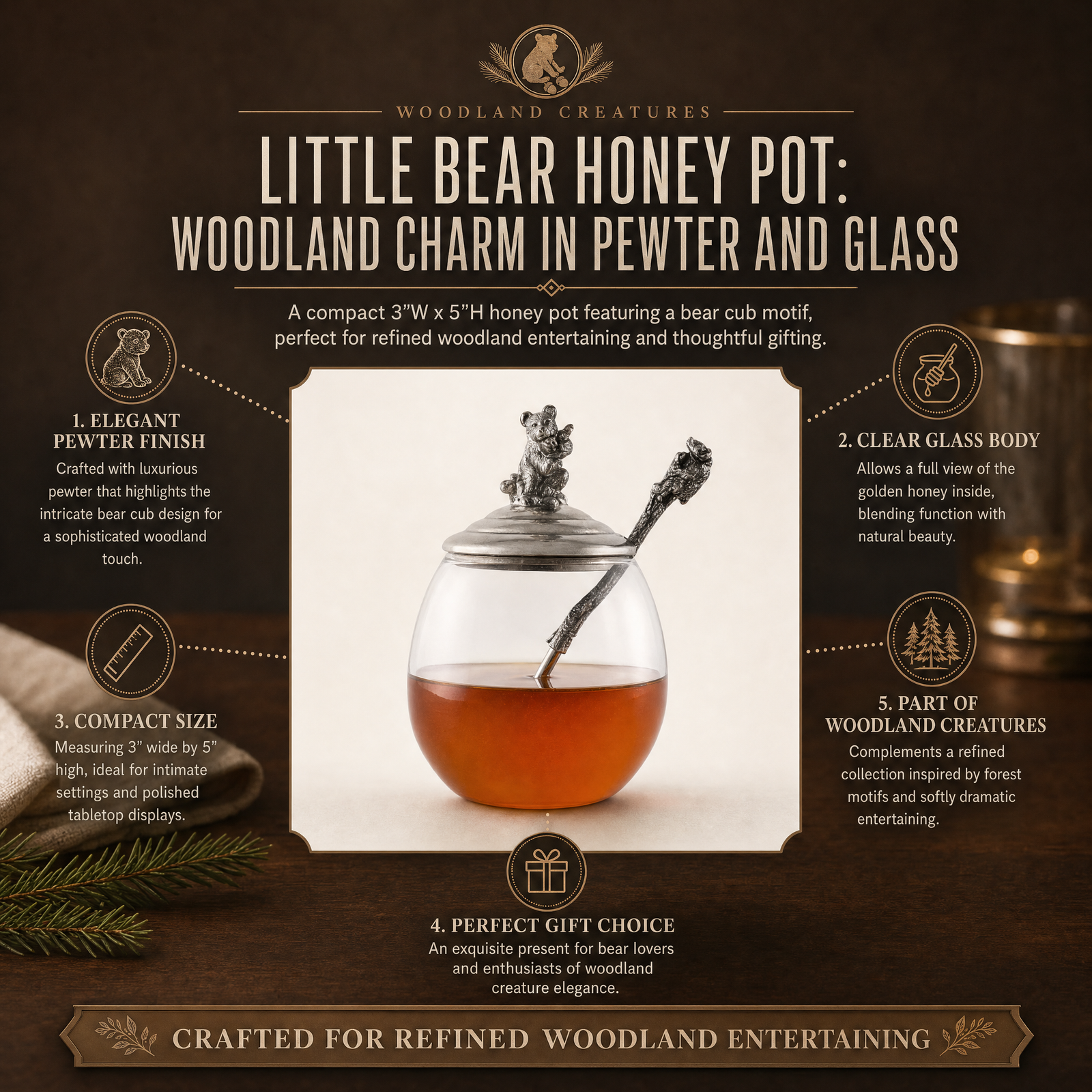 Little Bear Honey Pot: Woodland Charm in Pewter and Glass