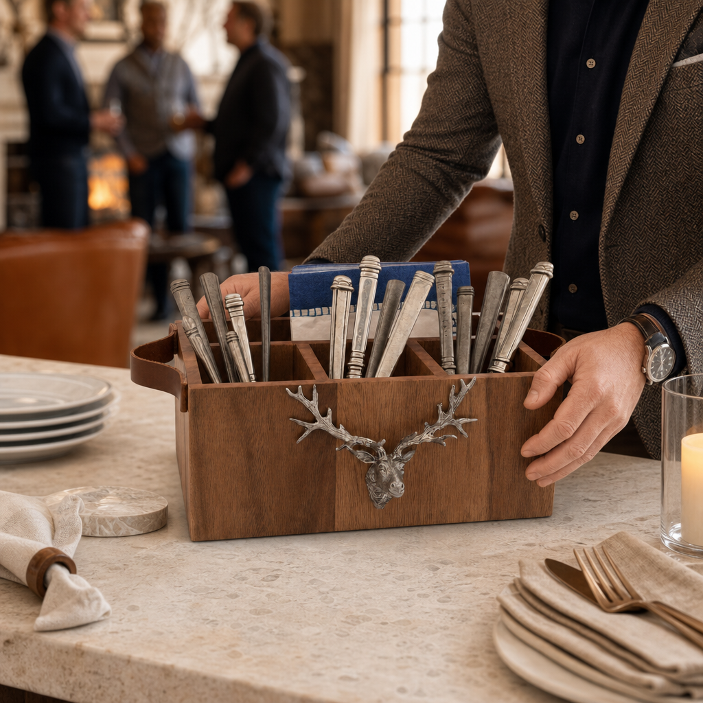 Elk Head Handles Wood Flatware Caddy 6