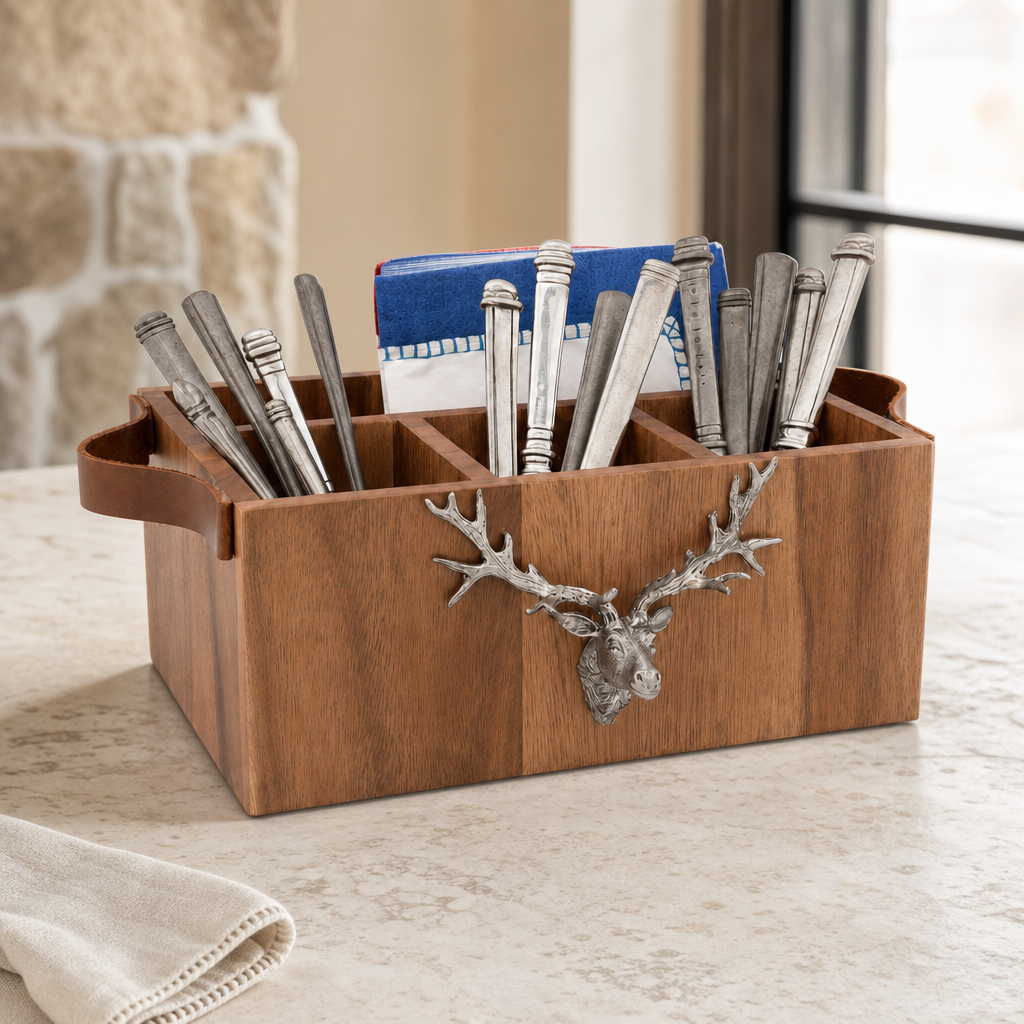 Elk Head Handles Wood Flatware Caddy 1