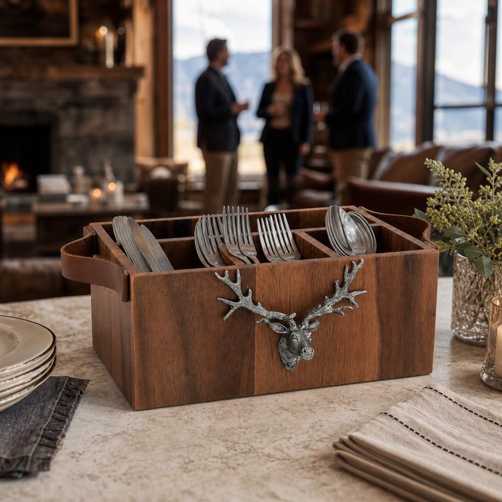 Elk Head Handles Wood Flatware Caddy 7