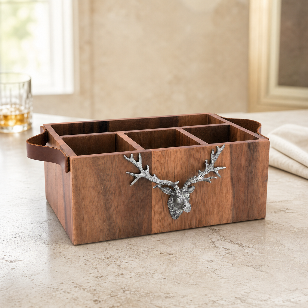 Elk Head Handles Wood Flatware Caddy 3