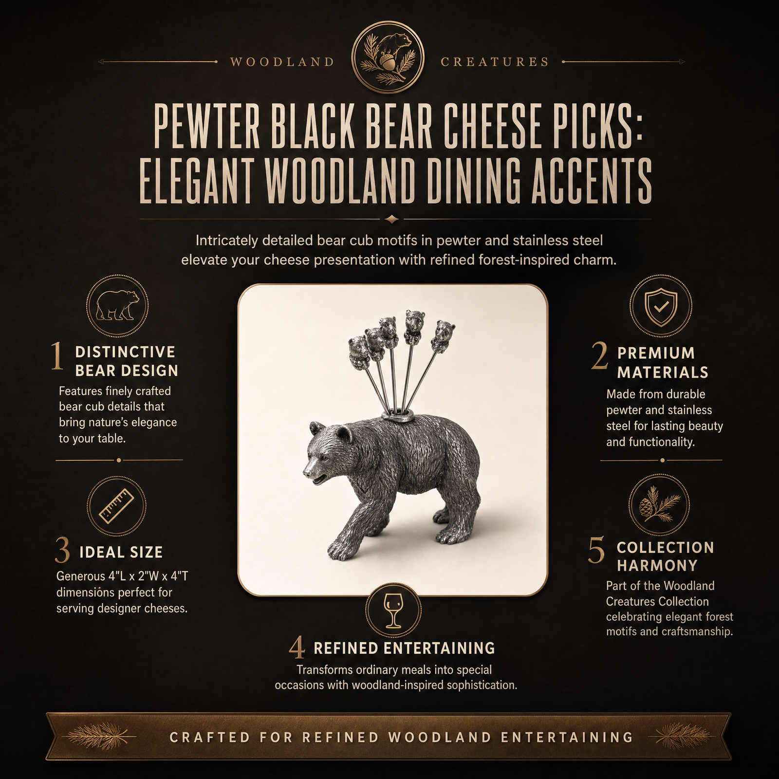 Pewter Black Bear Cheese Picks: Elegant Woodland Dining Accents