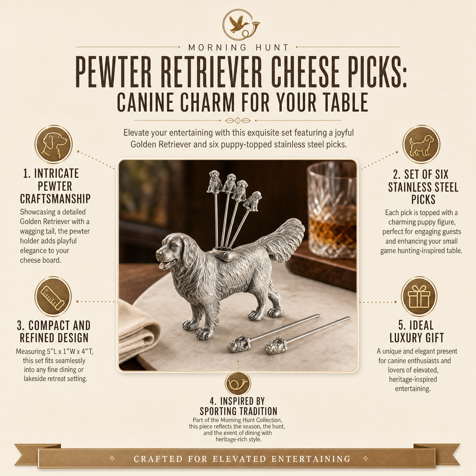 Pewter Retriever Cheese Picks: Canine Charm for Your Table