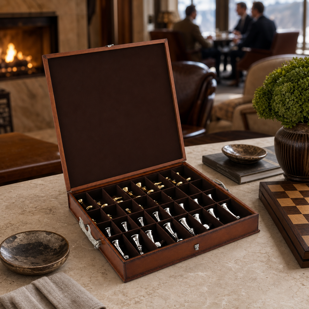 Pewter Antler Handle Chess Set Board and Storage 7
