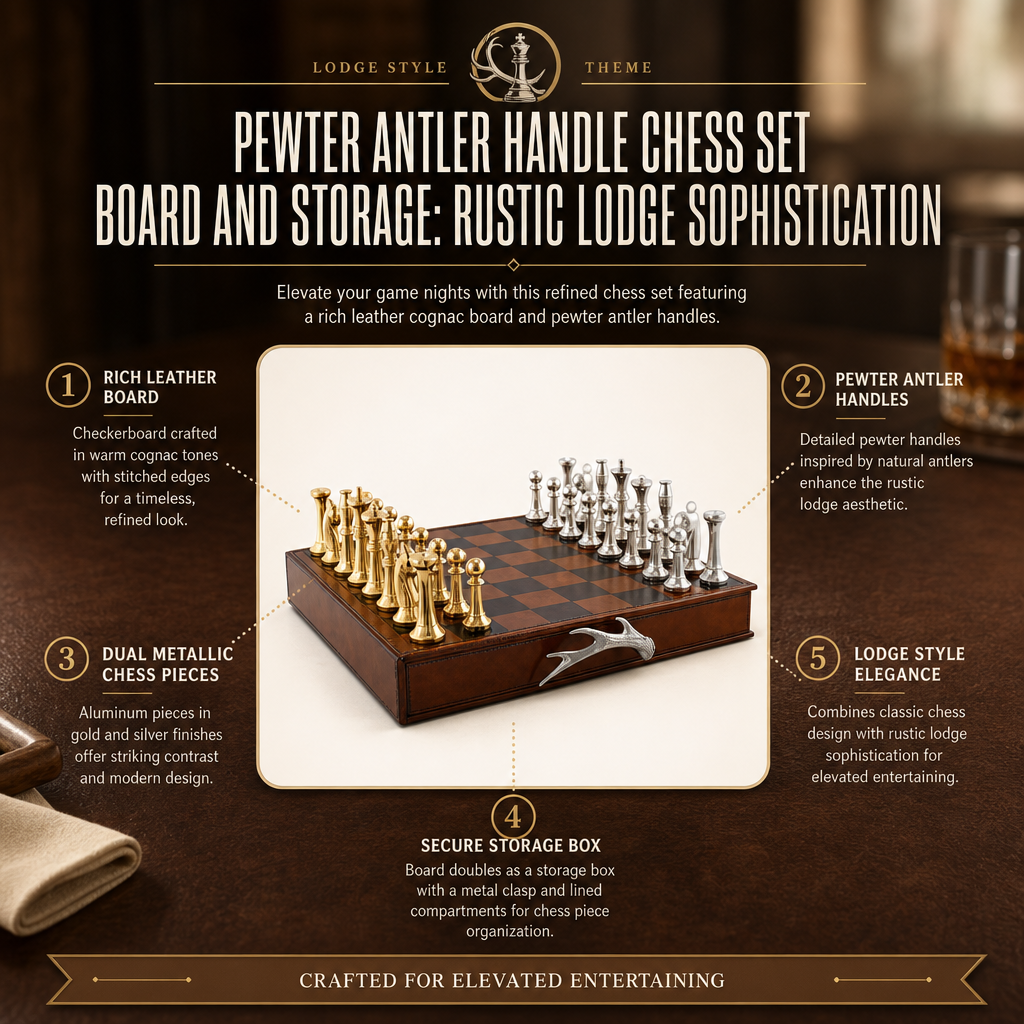 Pewter Antler Handle Chess Set Board and Storage 11