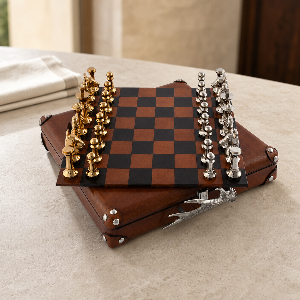 Pewter Antler Handle Chess Set Case 1