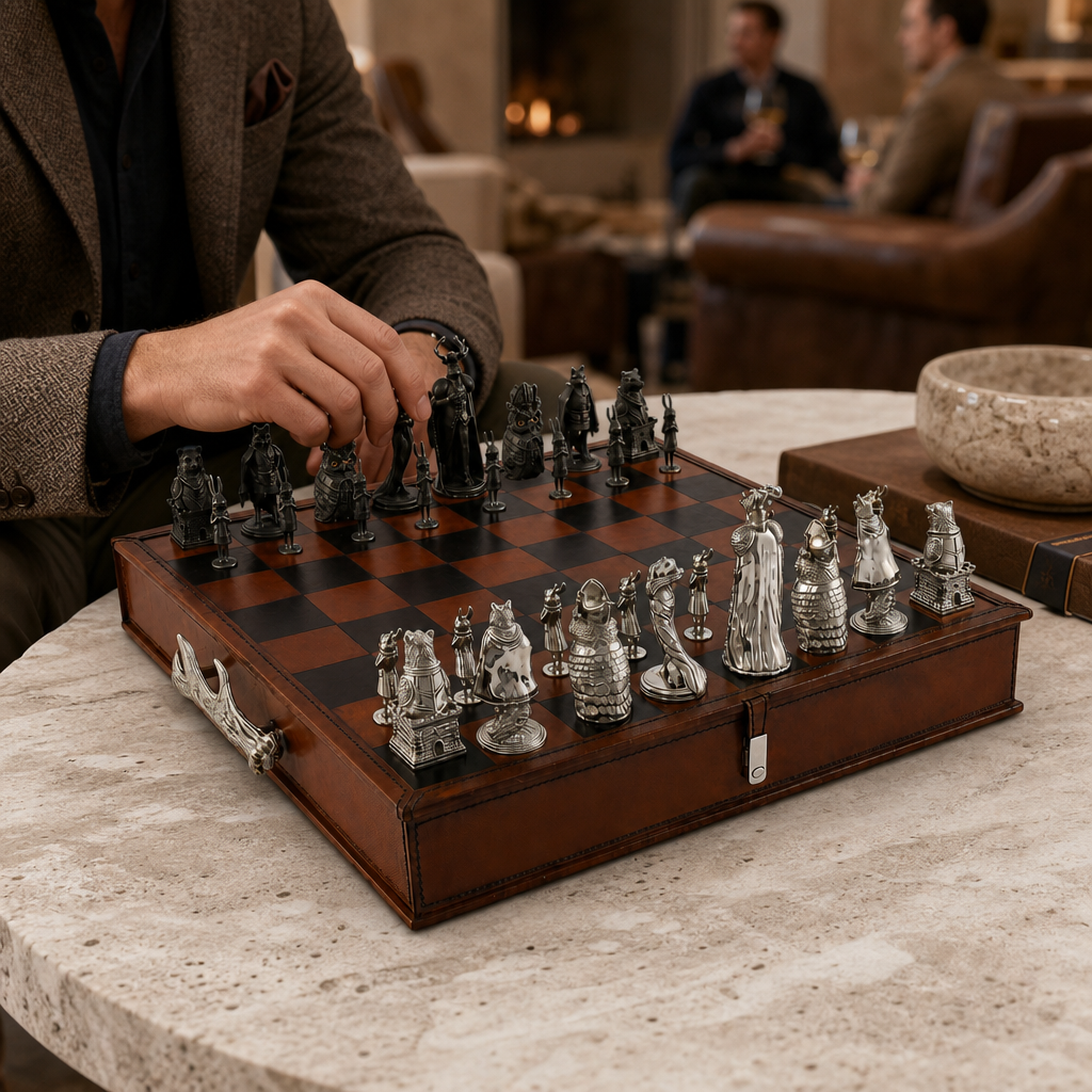 Woodland Warriors  Chess Set Leather board and storage 4