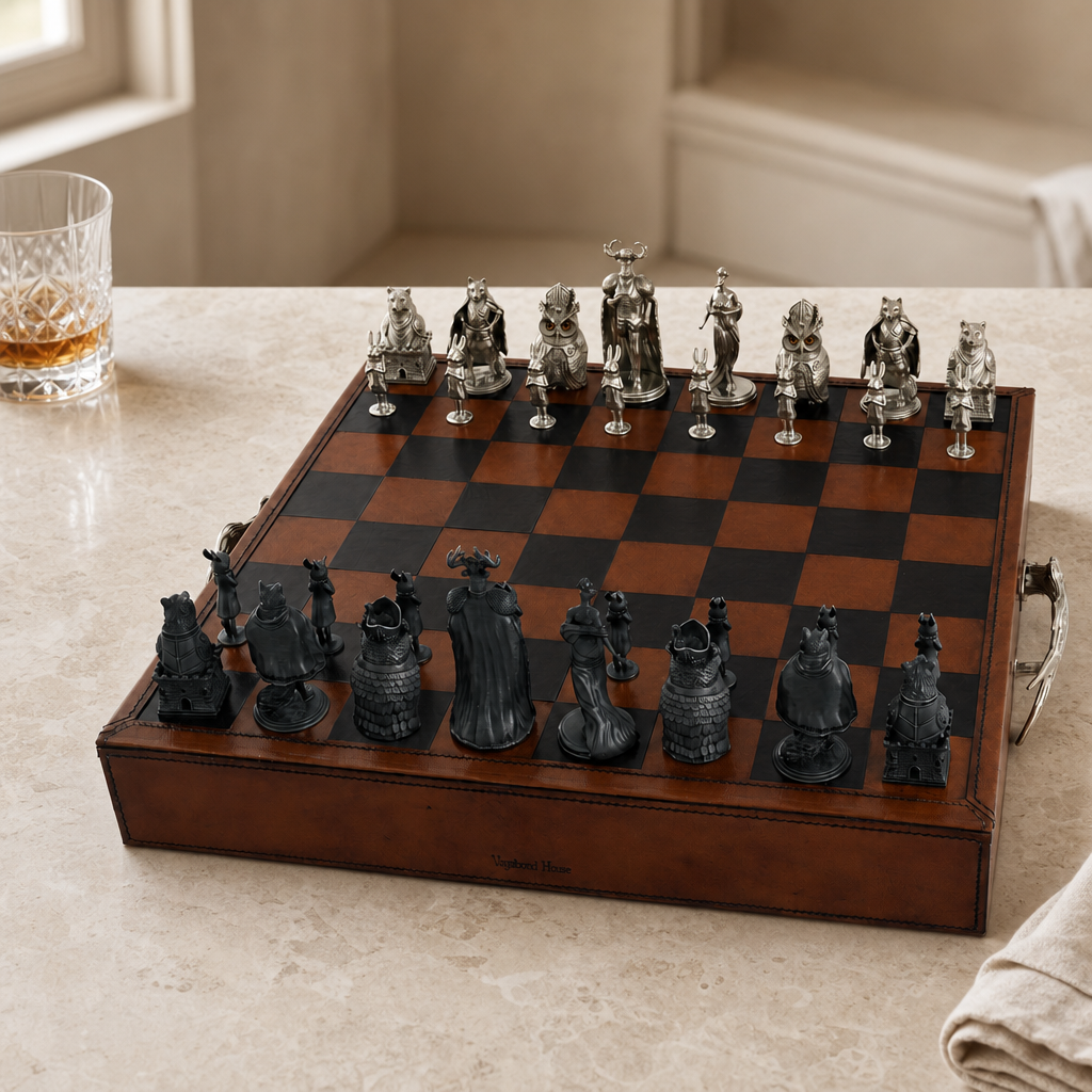 Woodland Warriors  Chess Set Leather board and storage 3