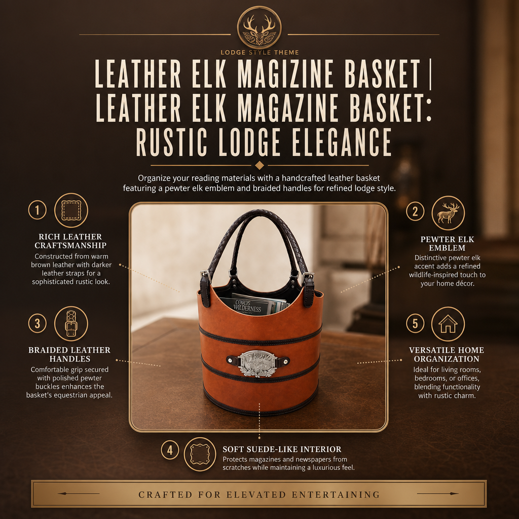 Leather Elk Magizine Basket | Leather Elk Magazine Basket: Rustic Lodge Elegance