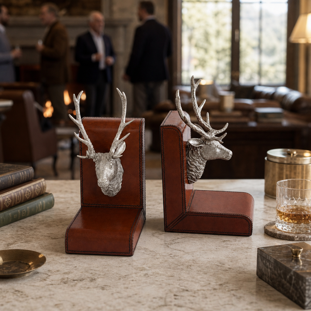 Elk Bust Cognac Leather Bookends 5