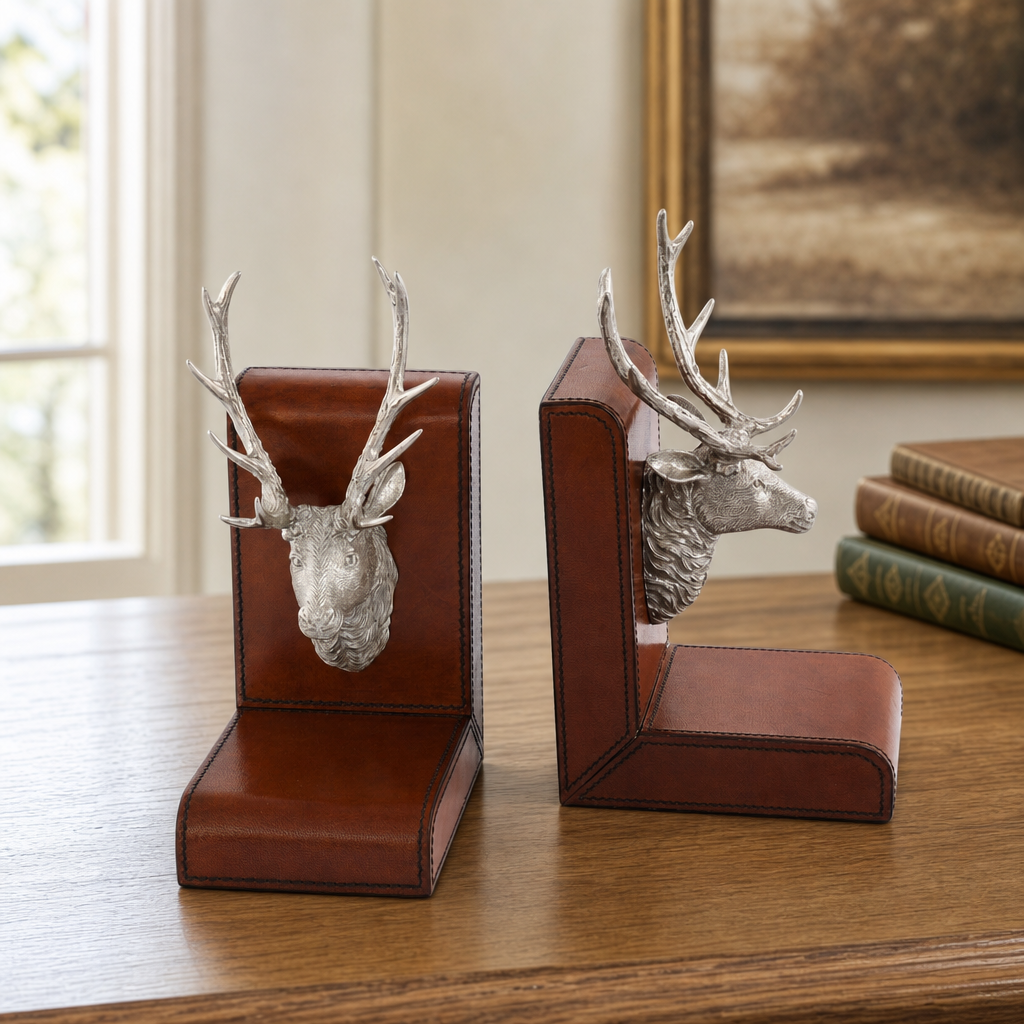 Elk Bust Cognac Leather Bookends 8