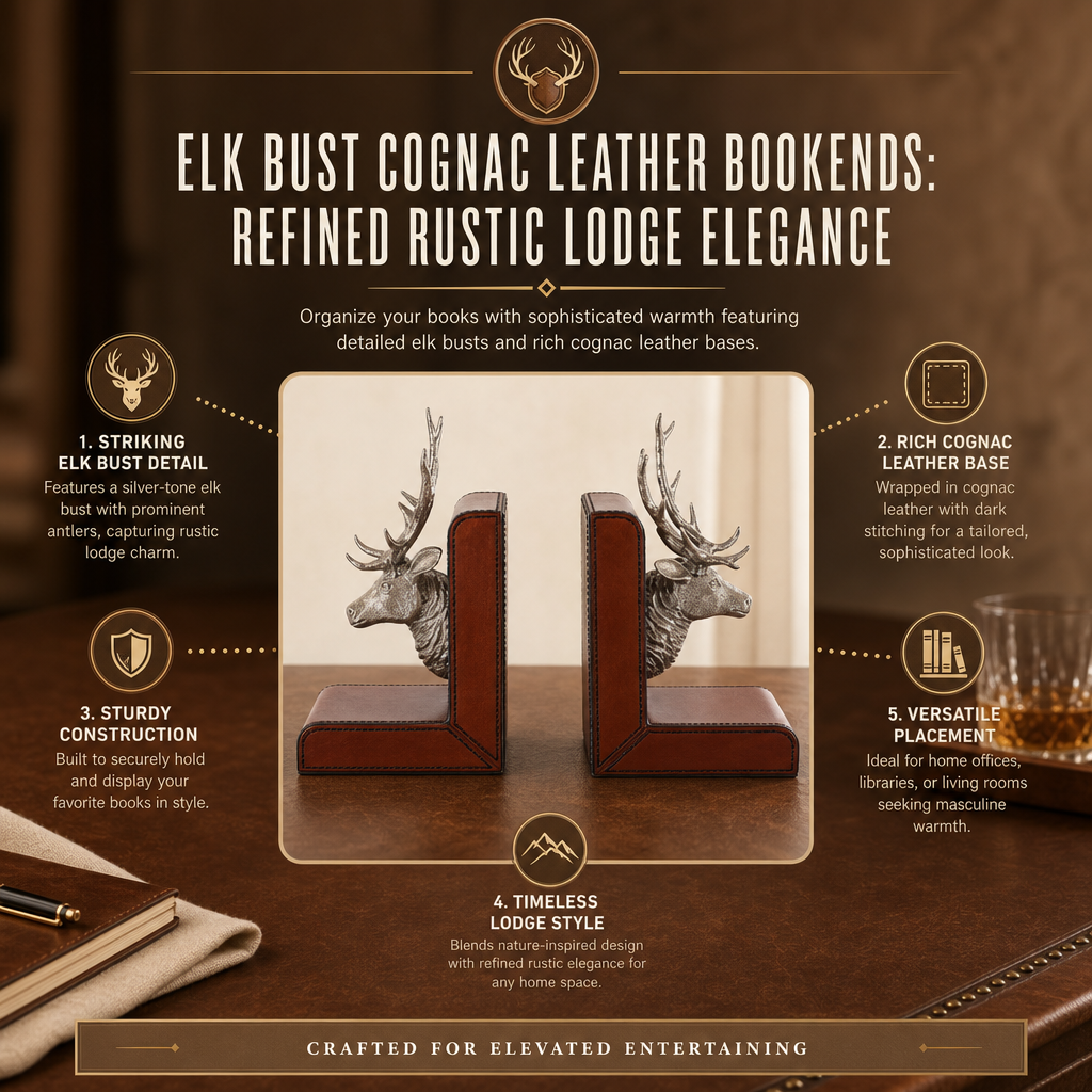 Elk Bust Cognac Leather Bookends: Refined Rustic Lodge Elegance