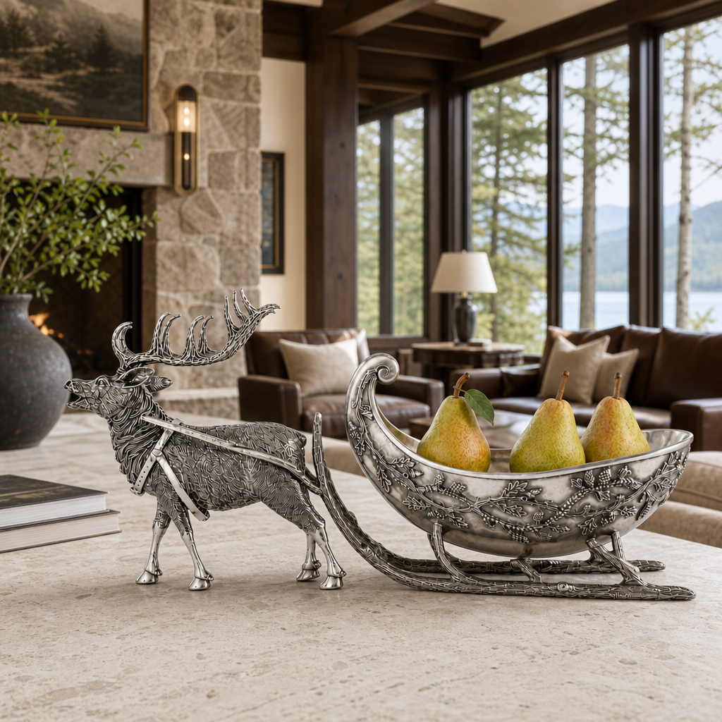 Pewter Reindeer Sleigh Centerpiece - Large