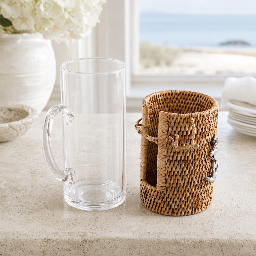 Anchor Glass Pitcher Hand Woven Wicker Natural Rattan Cover 3