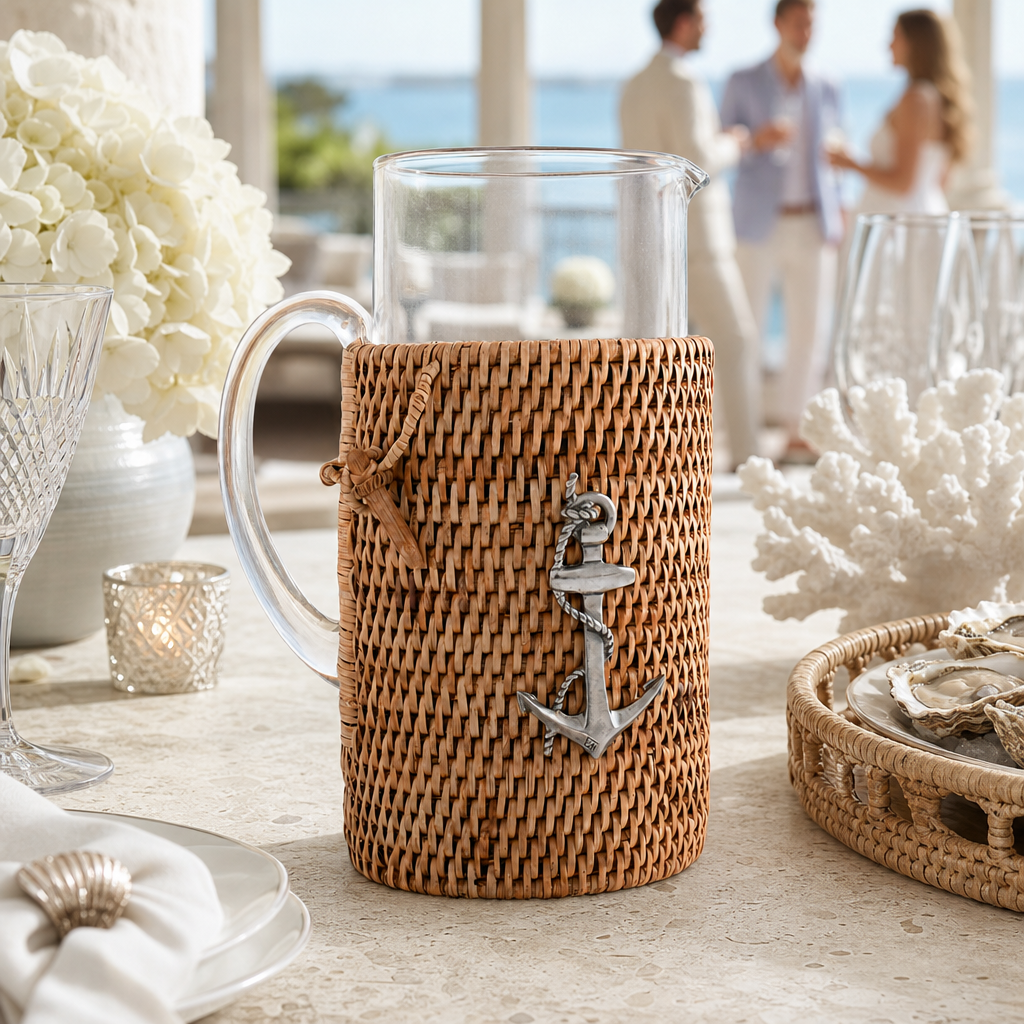 Anchor Glass Pitcher Hand Woven Wicker Natural Rattan Cover 9