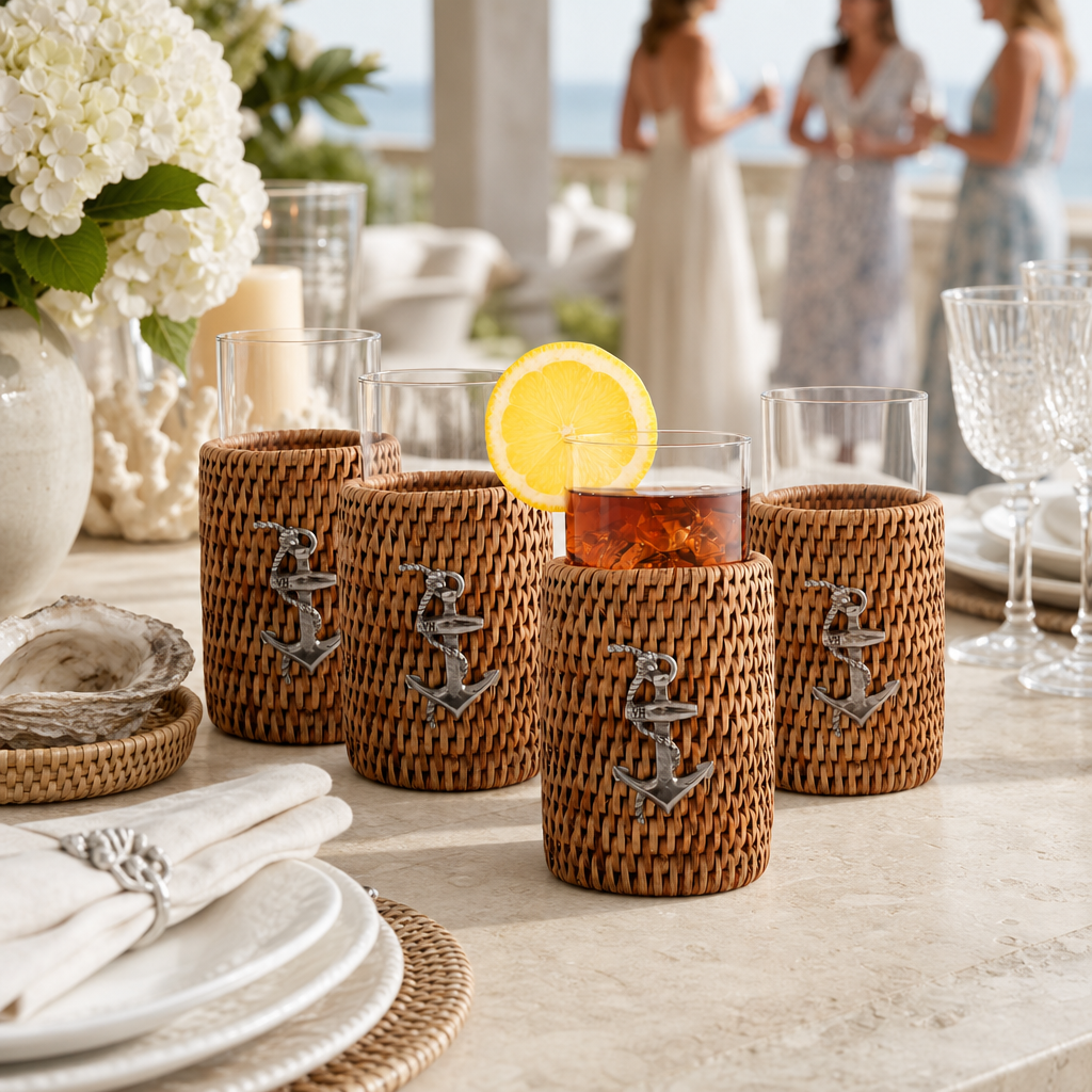 Anchor Drinking Glass Covered with Hand Woven Wicker Rattan - Set of 4 6