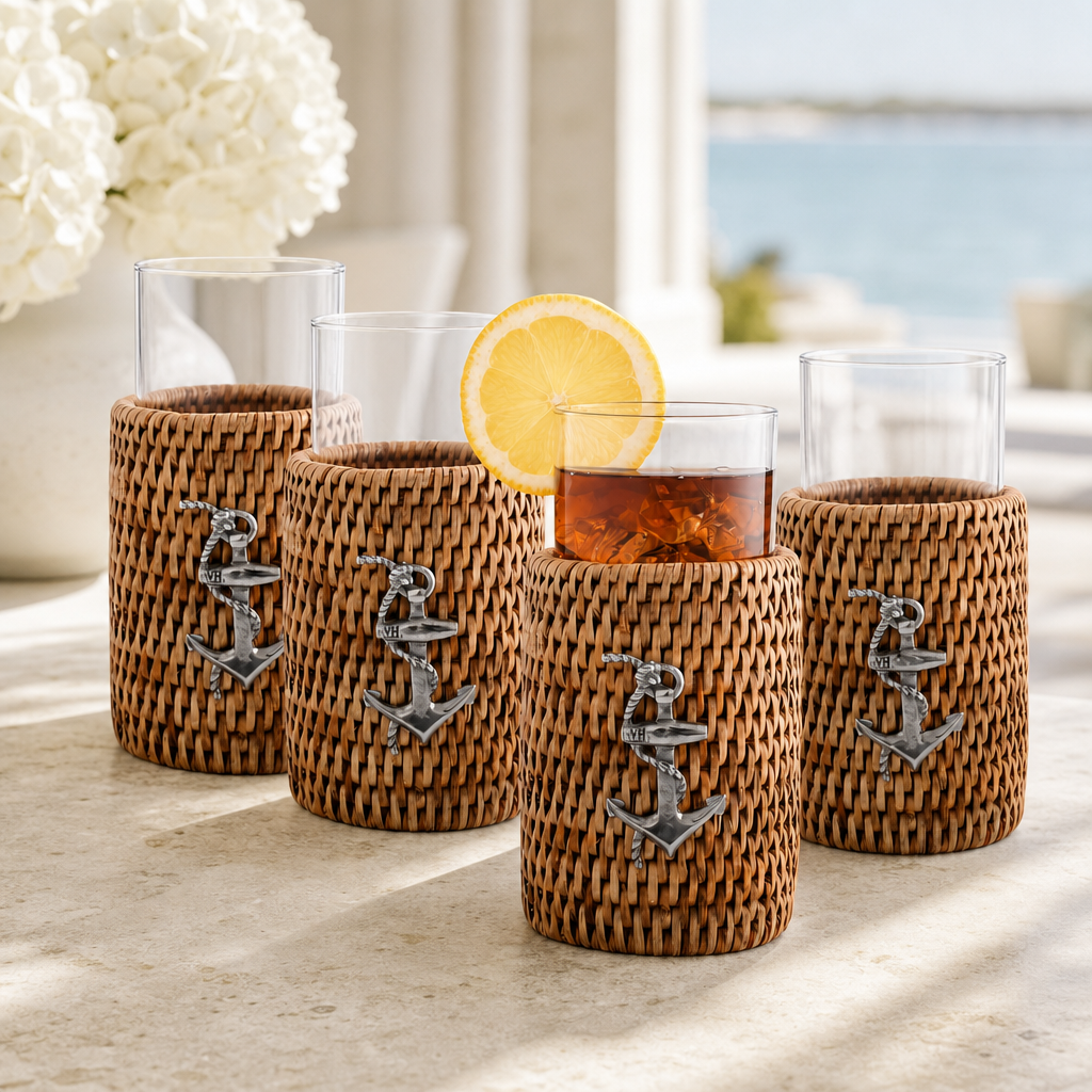 Anchor Drinking Glass Covered with Hand Woven Wicker Rattan - Set of 4 1