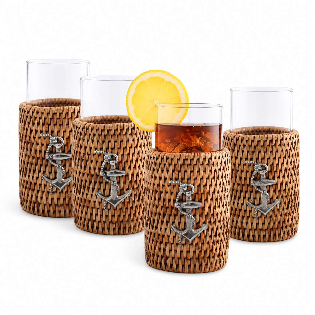 Anchor Drinking Glass Covered with Hand Woven Wicker Rattan - Set of 4 1