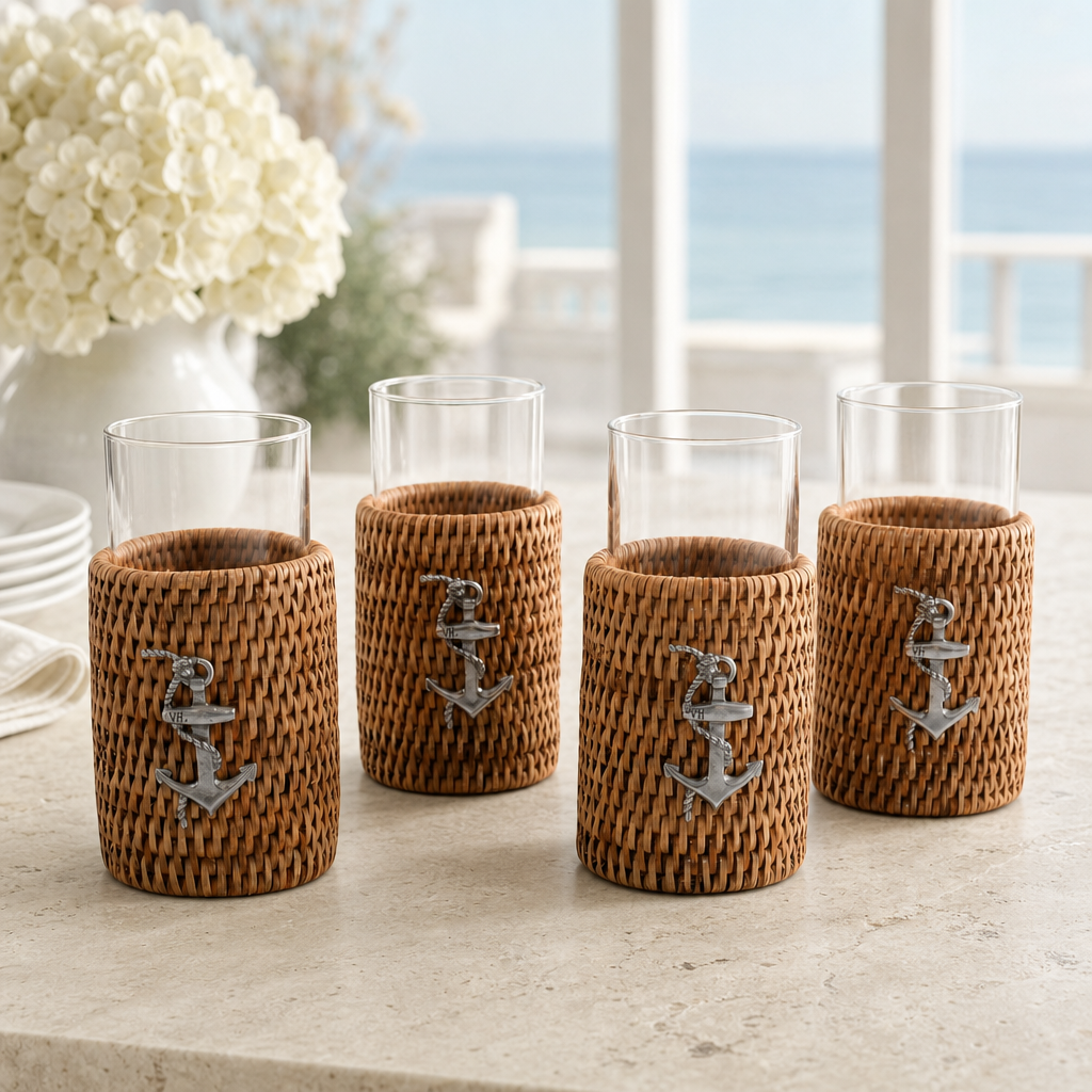 Anchor Drinking Glass Covered with Hand Woven Wicker Rattan - Set of 4 3