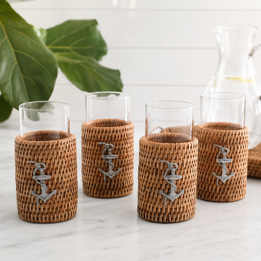 Anchor Drinking Glass Covered with Hand Woven Wicker Rattan - Set of 4 10
