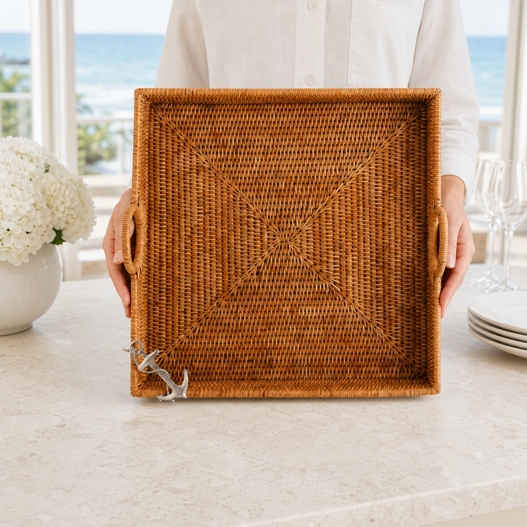 Anchor Hand Woven Wicker Rattan Large Square Tray 3