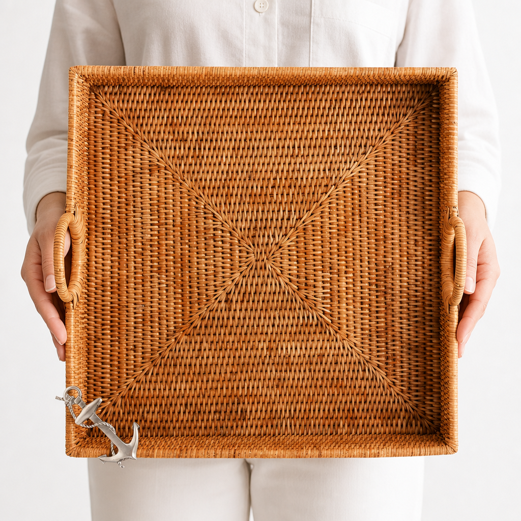 Anchor Hand Woven Wicker Rattan Large Square Tray 10