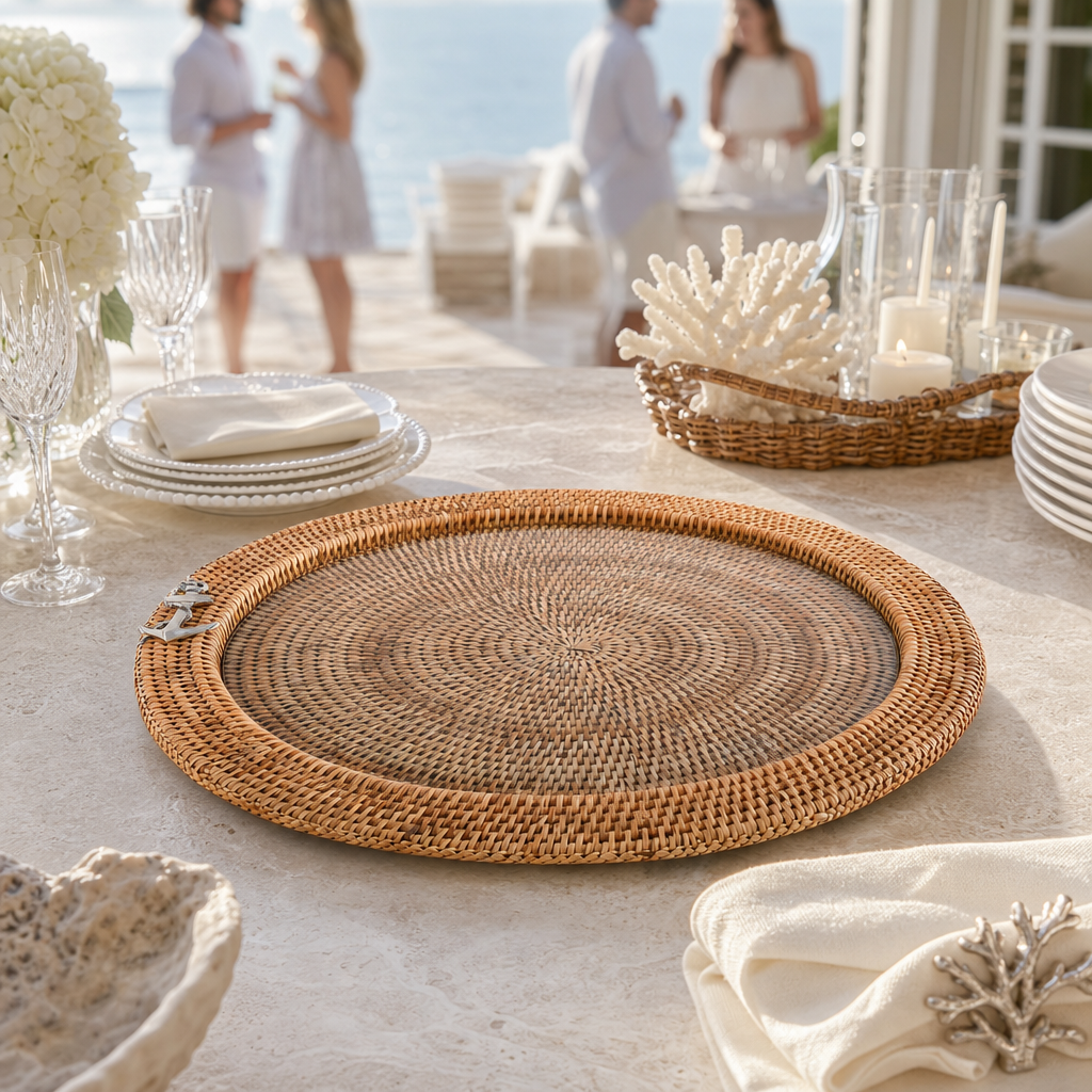 Anchor Round Serving Tray Hand Woven Wicker Rattan - Glass Insert 6
