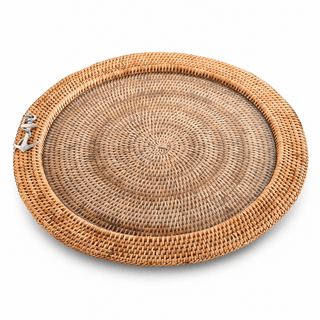 Anchor Round Serving Tray Hand Woven Wicker Rattan - Glass Insert
