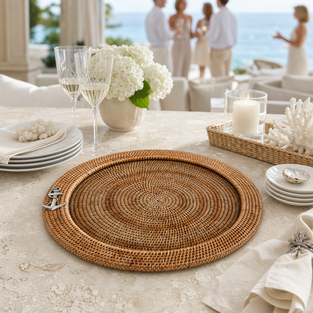 Anchor Round Serving Tray Hand Woven Wicker Rattan - Glass Insert 8