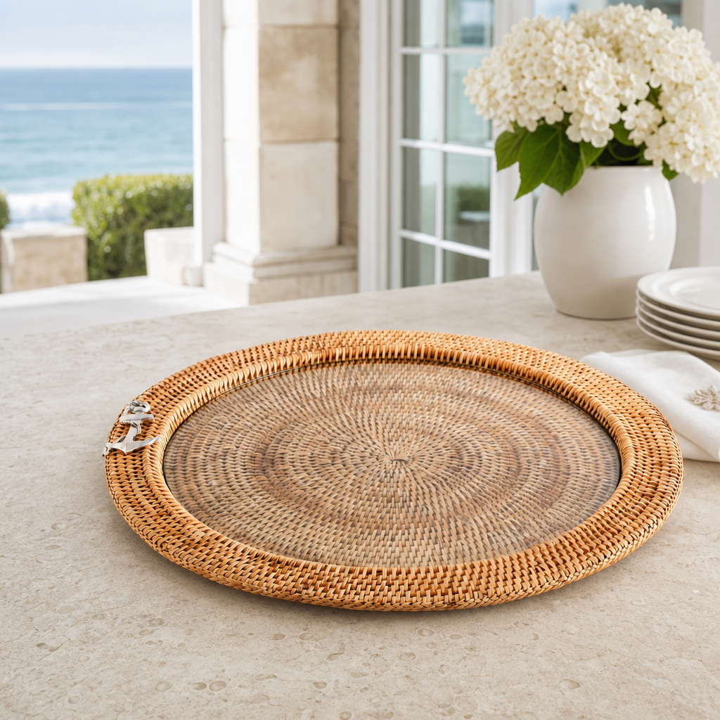 Anchor Round Serving Tray Hand Woven Wicker Rattan - Glass Insert 5